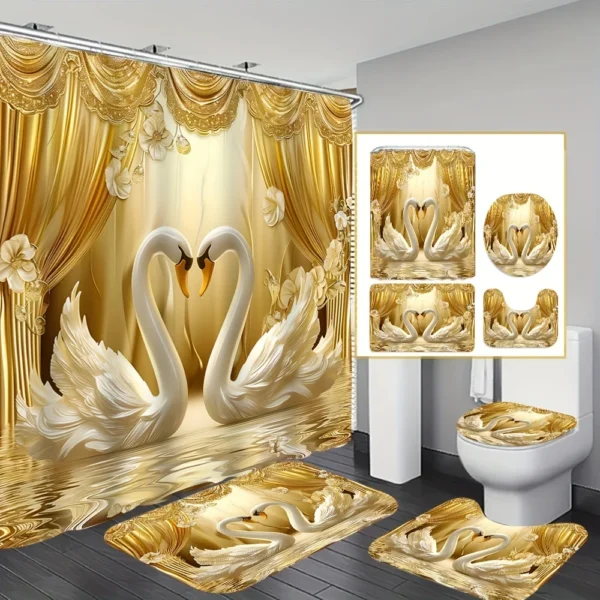 Luxurious Golden Swans and Curtains Bathroom Set