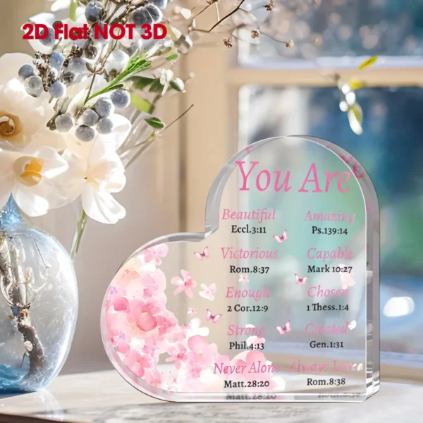 Christian Inspirational Heart Acrylic Sign with Floral Bible Verse, Pink Flower Desk Decor for Women Girls, Encouragement Gift f