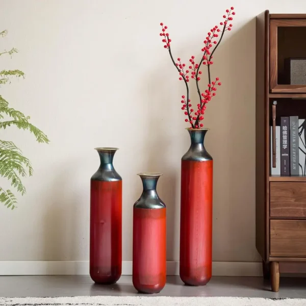 Elegant Red Metal Floor Vase Set of 3, Large