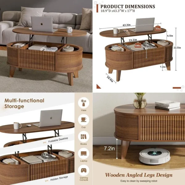 Fluted Lift Top Coffee Table with Storage,